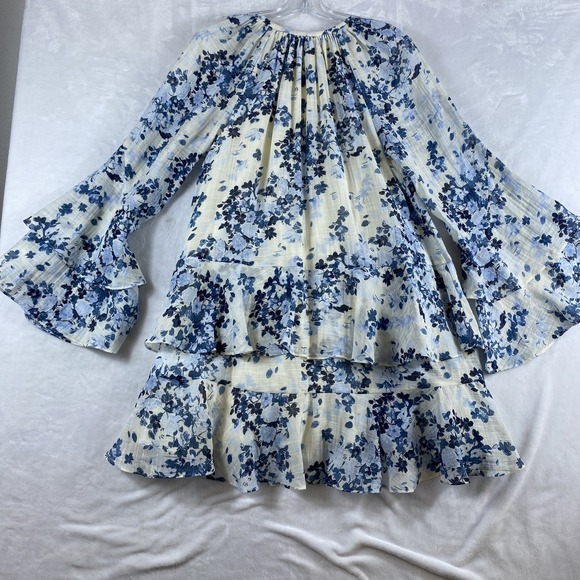 Maeve Anthropologie Mini Swing Dress Sz M Cream Blue Long-Sleeve V-Neck Fairy - Picture 5 of 12